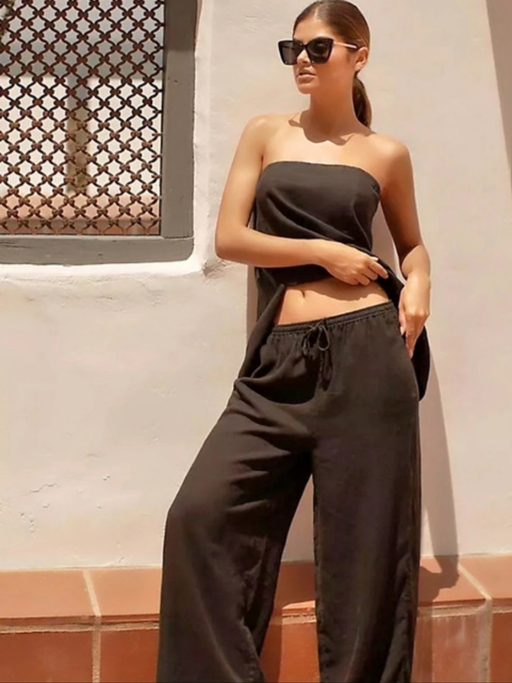 Anthropologie Strapless Two-piece Linen Set In Dark Green